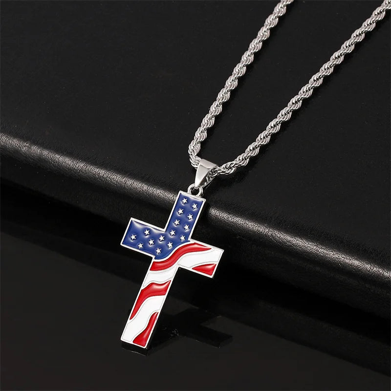 American Flag Cross Pendant Necklace — Metal Chain Faith Necklace for Men & Women