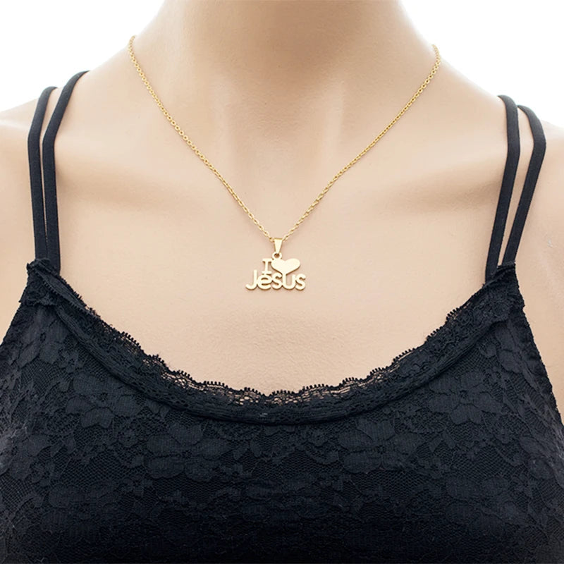 “I Love Jesus” Heart Pendant Necklace — Gold Stainless Steel Christian Jewelry for Women