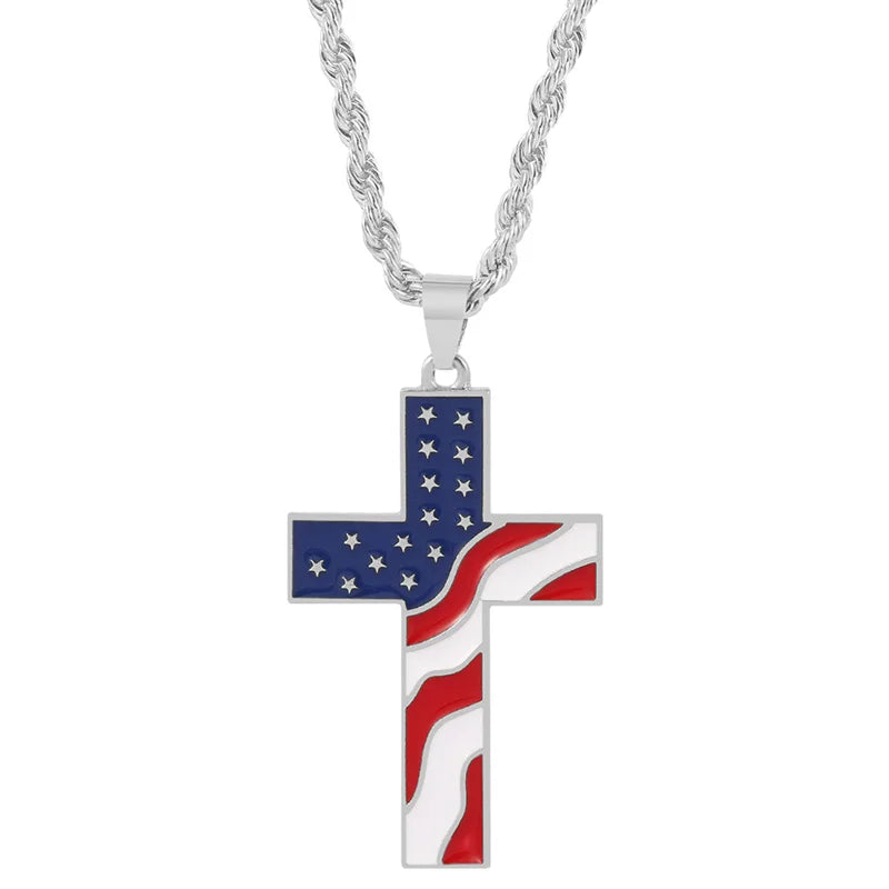 American Flag Cross Pendant Necklace — Metal Chain Faith Necklace for Men & Women