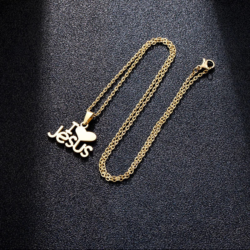 “I Love Jesus” Heart Pendant Necklace — Gold Stainless Steel Christian Jewelry for Women