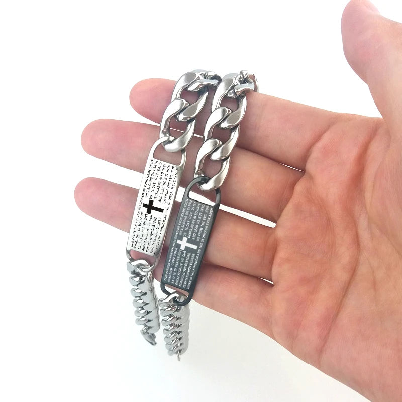 Men’s Engraved Cross Bible Bracelet — Stainless Steel Christian Faith Jewelry