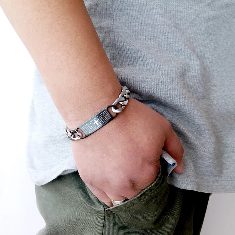 Men’s Engraved Cross Bible Bracelet — Stainless Steel Christian Faith Jewelry