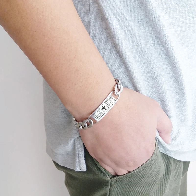 Men’s Engraved Cross Bible Bracelet — Stainless Steel Christian Faith Jewelry