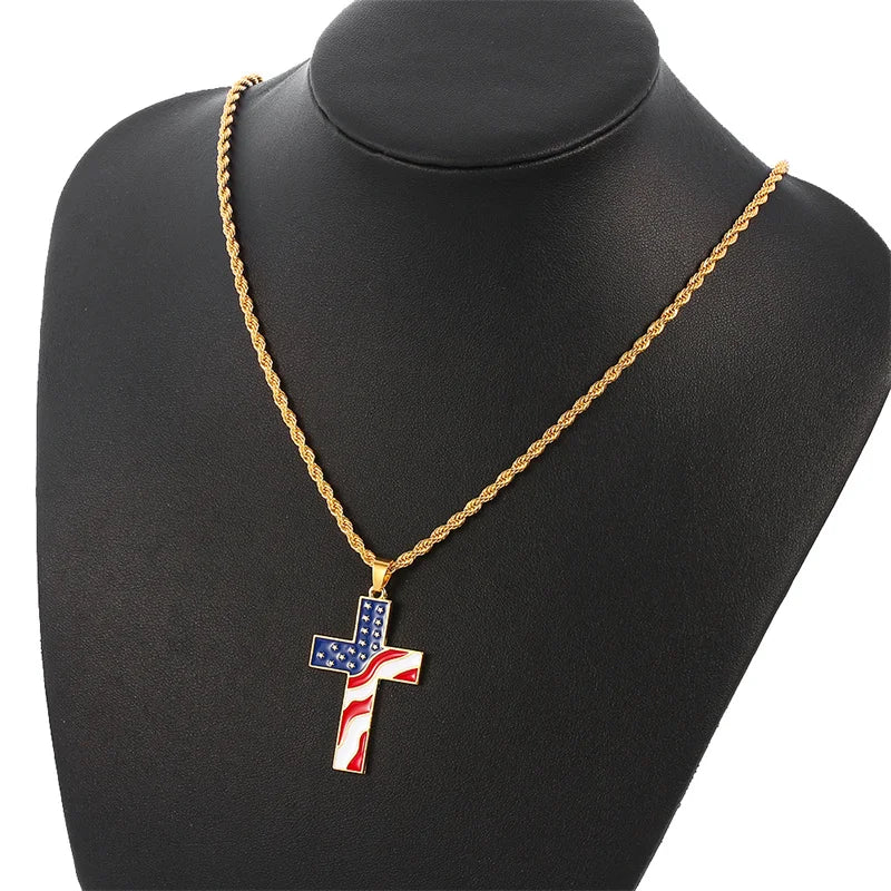 American Flag Cross Pendant Necklace — Metal Chain Faith Necklace for Men & Women