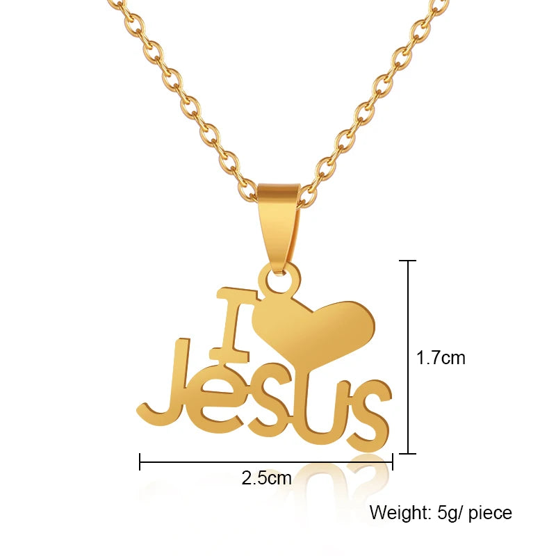 “I Love Jesus” Heart Pendant Necklace — Gold Stainless Steel Christian Jewelry for Women