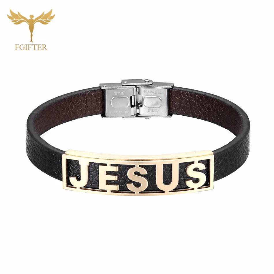 Jesus Leather Cuff Bracelet — Stainless Steel Christian Bracelet for Men & Women