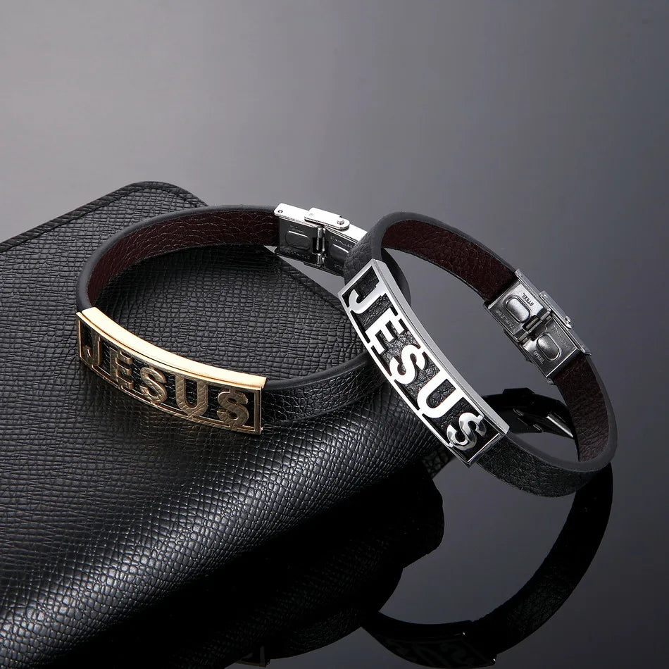 Jesus Leather Cuff Bracelet — Stainless Steel Christian Bracelet for Men & Women