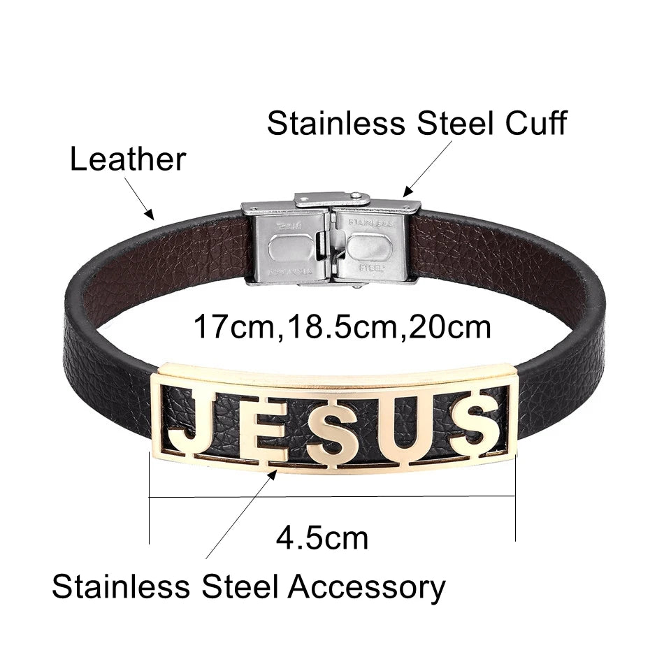 Jesus Leather Cuff Bracelet — Stainless Steel Christian Bracelet for Men & Women