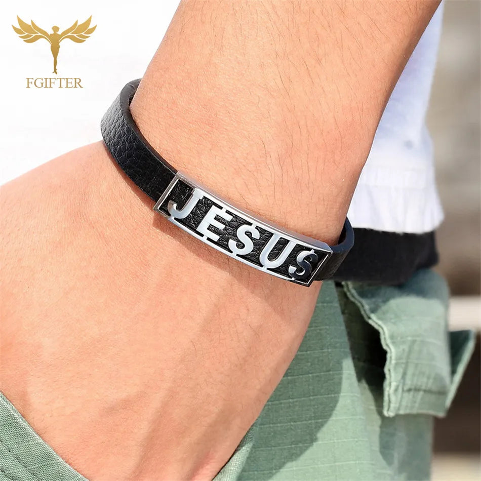Jesus Leather Cuff Bracelet — Stainless Steel Christian Bracelet for Men & Women
