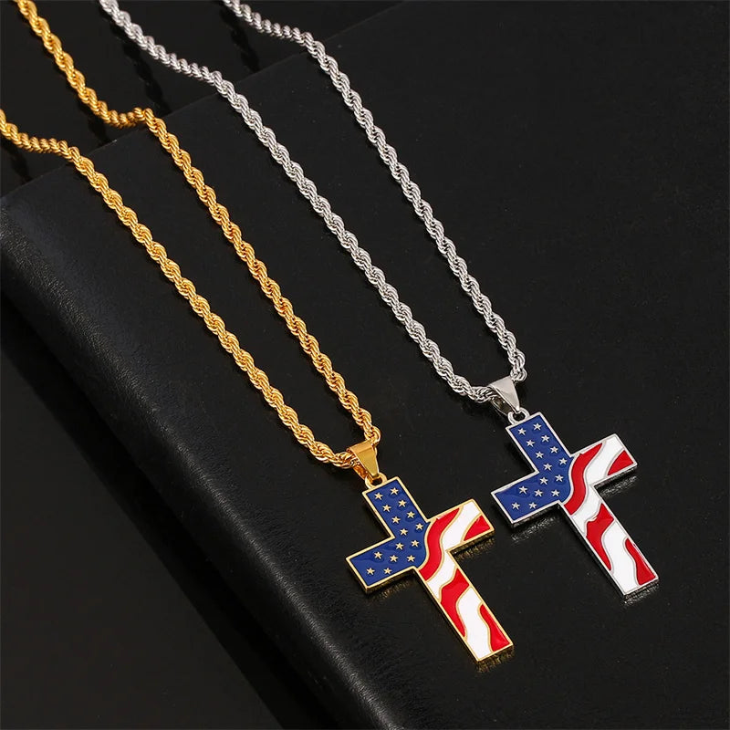 American Flag Cross Pendant Necklace — Metal Chain Faith Necklace for Men & Women