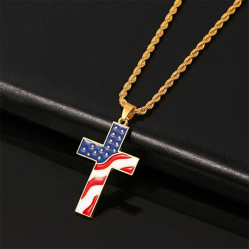 American Flag Cross Pendant Necklace — Metal Chain Faith Necklace for Men & Women