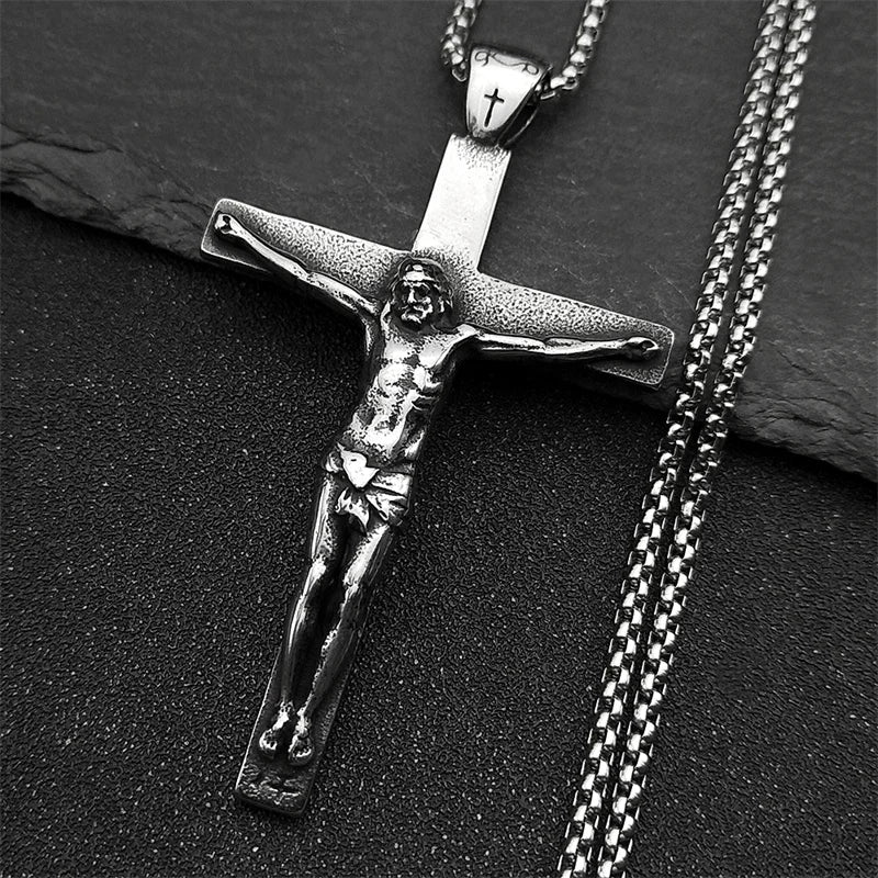 Jesus Cross Crucifix Necklace — Stainless Steel Christian Pendant for Men & Women