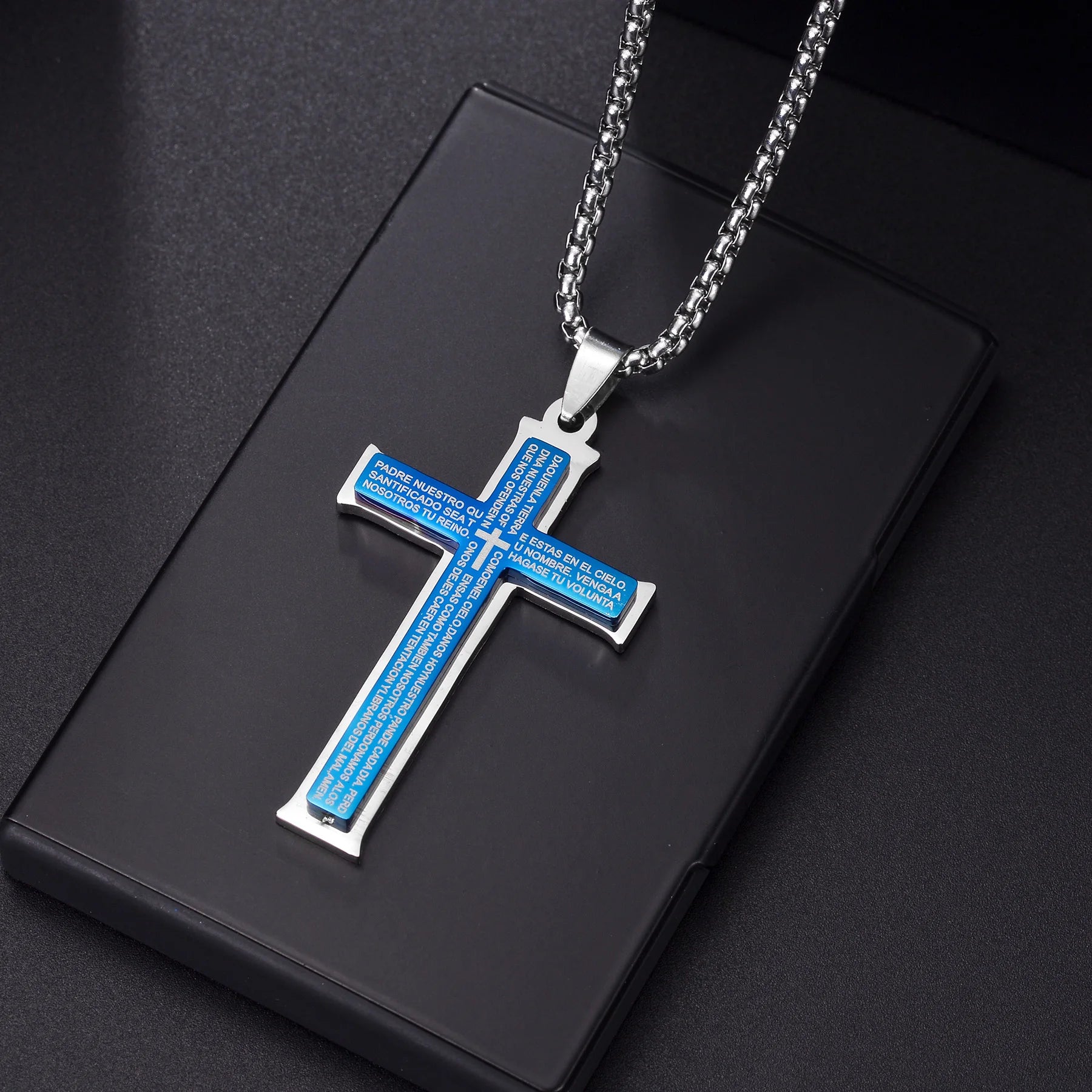 Blue Jesus Cross Necklace — Stainless Steel Christian Faith Pendant (Unisex)