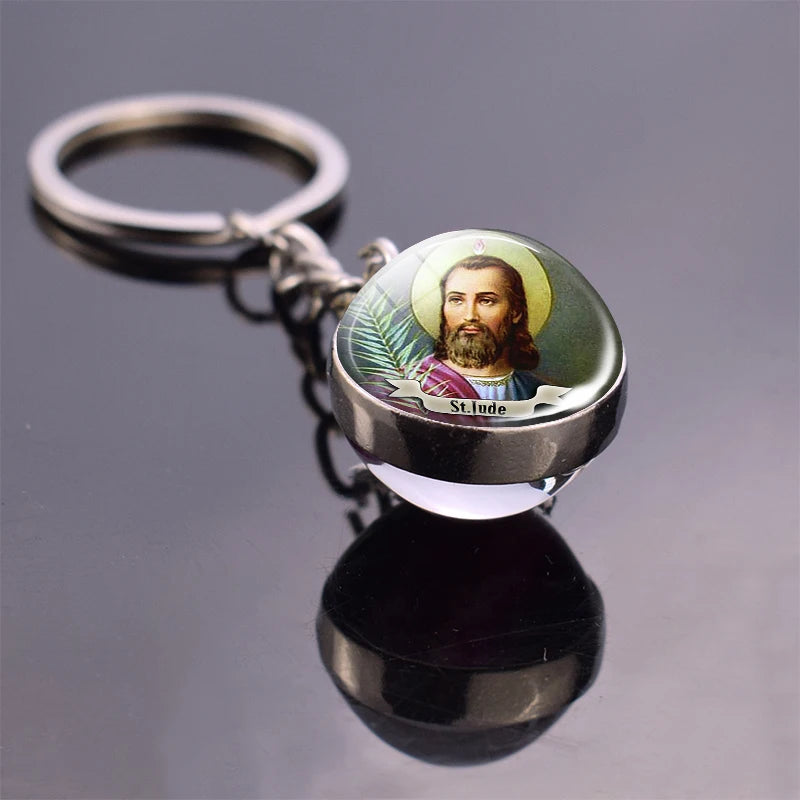 St. Francis Catholic Glass Ball Keychain — Double-Sided Christian Faith Keyring
