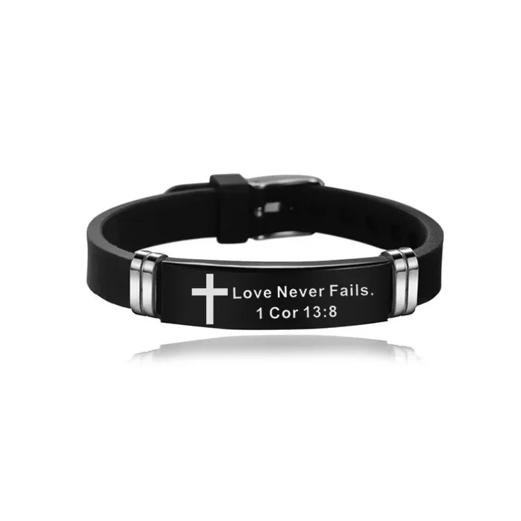 “Love Never Fails” Christian Silicone Bracelet — Adjustable Cross Scripture Wristband for Men