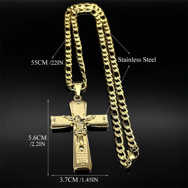 Gold Jesus Crucifix Necklace — Stainless Steel Christian Faith Pendant (Unisex)