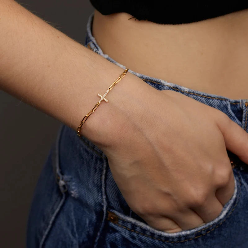 Dainty Rhinestone Cross Charm Bracelet — Gold-Plated Chain Jewelry for Women