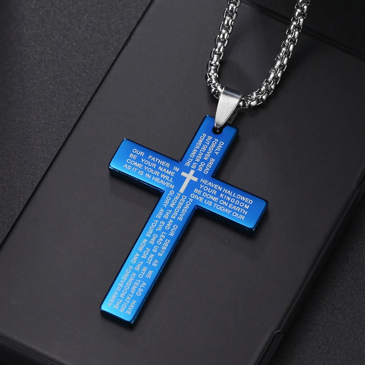 Blue Jesus Cross Necklace — Stainless Steel Christian Faith Pendant (Unisex)