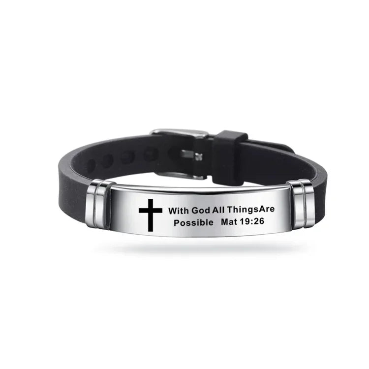 “Love Never Fails” Christian Silicone Bracelet — Adjustable Cross Scripture Wristband for Men