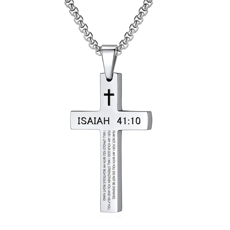 Bible Verse Cross Pendant Necklace — Stainless Steel Christian Scripture Jewelry (Unisex)