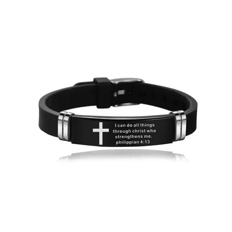 “Love Never Fails” Christian Silicone Bracelet — Adjustable Cross Scripture Wristband for Men