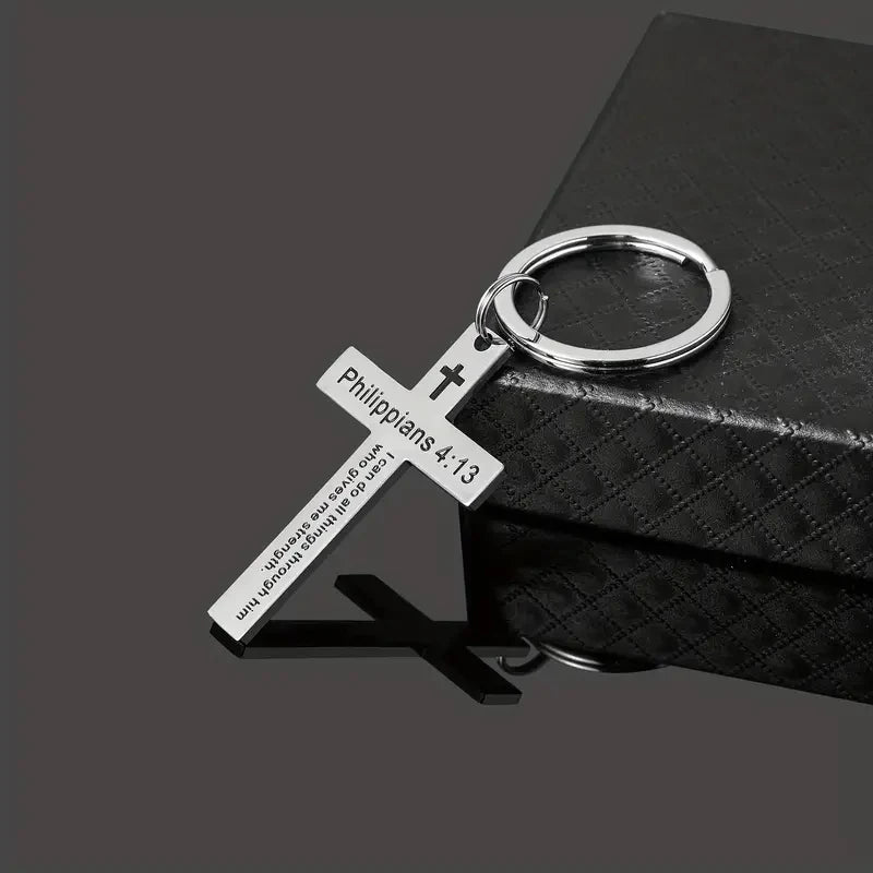 Bible Verse Cross Keychain — Stainless Steel Christian Prayer & Psalm Gift