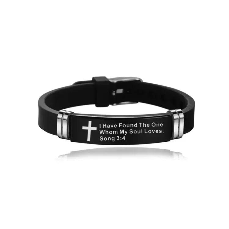 “Love Never Fails” Christian Silicone Bracelet — Adjustable Cross Scripture Wristband for Men