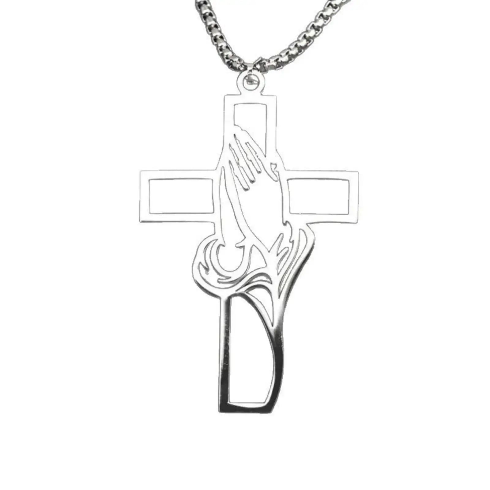 Prayer Hand Cross Pendant Necklace — Unisex Stainless Steel Christian Jewelry