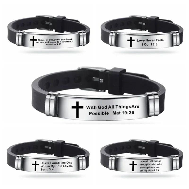 “Love Never Fails” Christian Silicone Bracelet — Adjustable Cross Scripture Wristband for Men