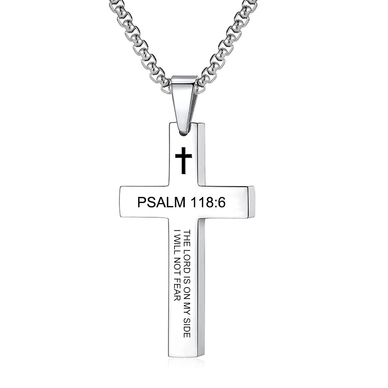 Bible Verse Cross Pendant Necklace — Stainless Steel Christian Scripture Jewelry (Unisex)