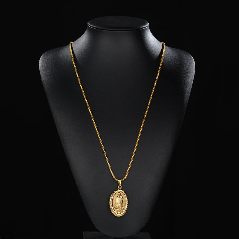 Virgin Mary Pendant Necklace — Stainless Steel Christian Prayer Amulet (Unisex)