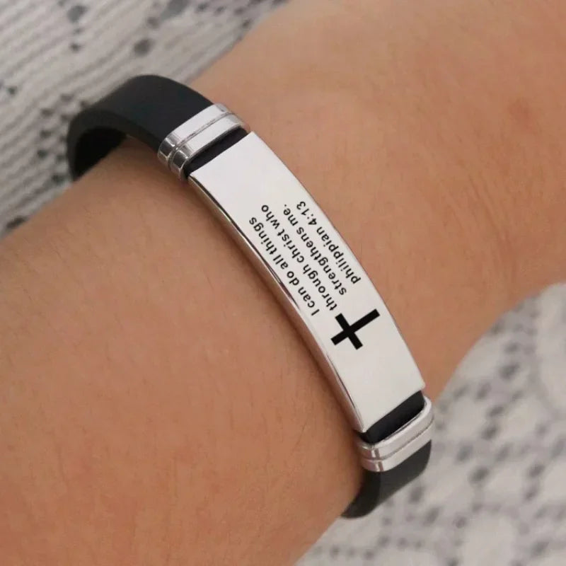“Love Never Fails” Christian Silicone Bracelet — Adjustable Cross Scripture Wristband for Men