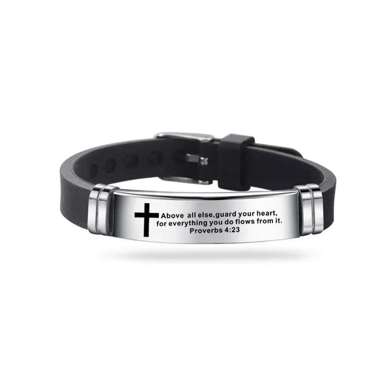 “Love Never Fails” Christian Silicone Bracelet — Adjustable Cross Scripture Wristband for Men