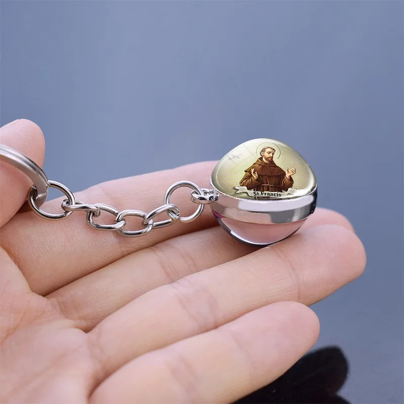 St. Francis Catholic Glass Ball Keychain — Double-Sided Christian Faith Keyring