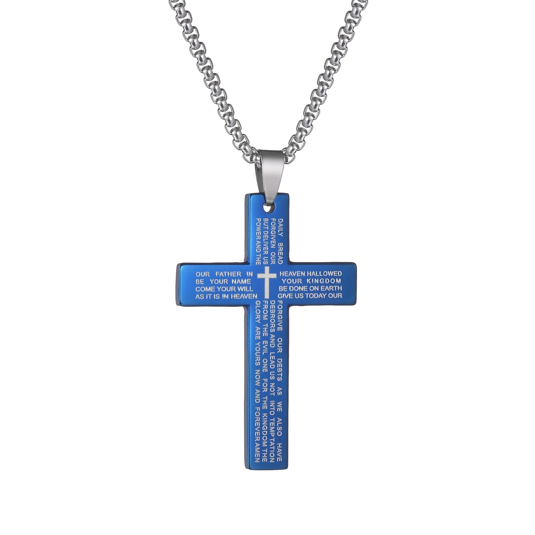 Blue Jesus Cross Necklace — Stainless Steel Christian Faith Pendant (Unisex)