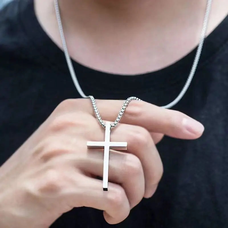 Virgin Mary & Jesus Cross Necklace — Minimal Christian Pendant Chain (60–70cm)