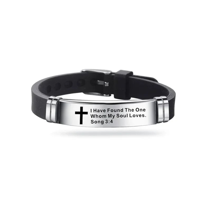 “Love Never Fails” Christian Silicone Bracelet — Adjustable Cross Scripture Wristband for Men