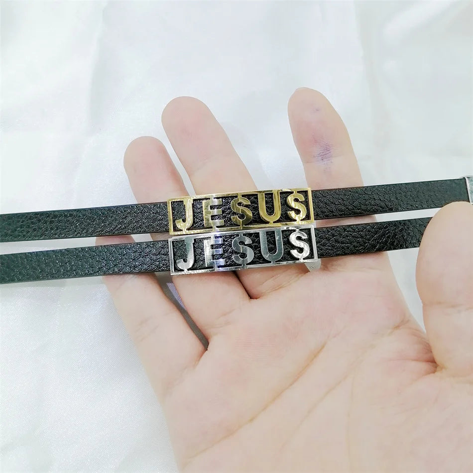 Jesus Leather Cuff Bracelet — Stainless Steel Christian Bracelet for Men & Women