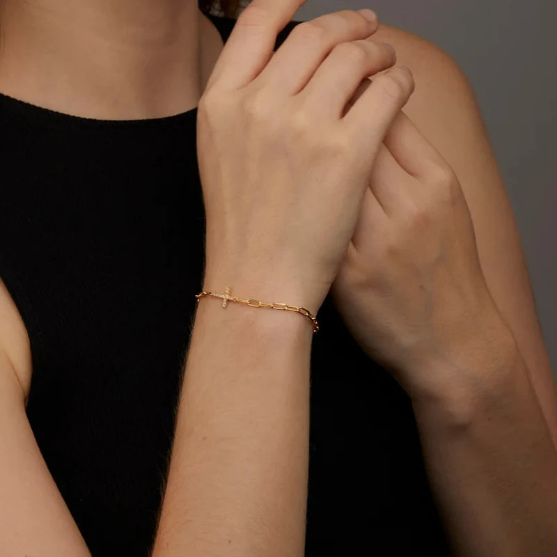 Dainty Rhinestone Cross Charm Bracelet — Gold-Plated Chain Jewelry for Women