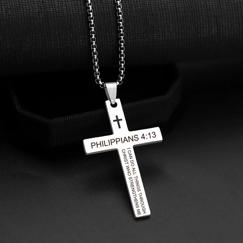 Bible Verse Cross Pendant Necklace — Stainless Steel Christian Scripture Jewelry (Unisex)