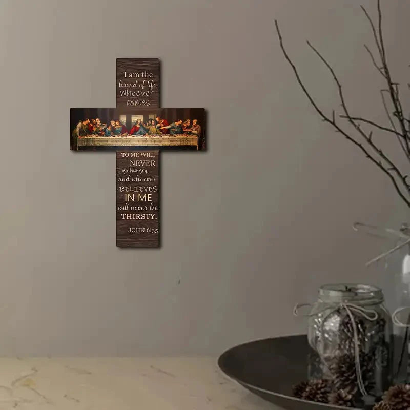 Bread of Life Last Supper Wooden Cross Wall Art — Christian Scripture Home Décor Plaque