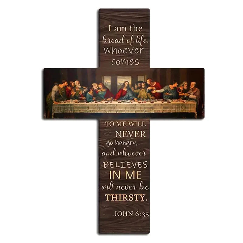 Bread of Life Last Supper Wooden Cross Wall Art — Christian Scripture Home Décor Plaque