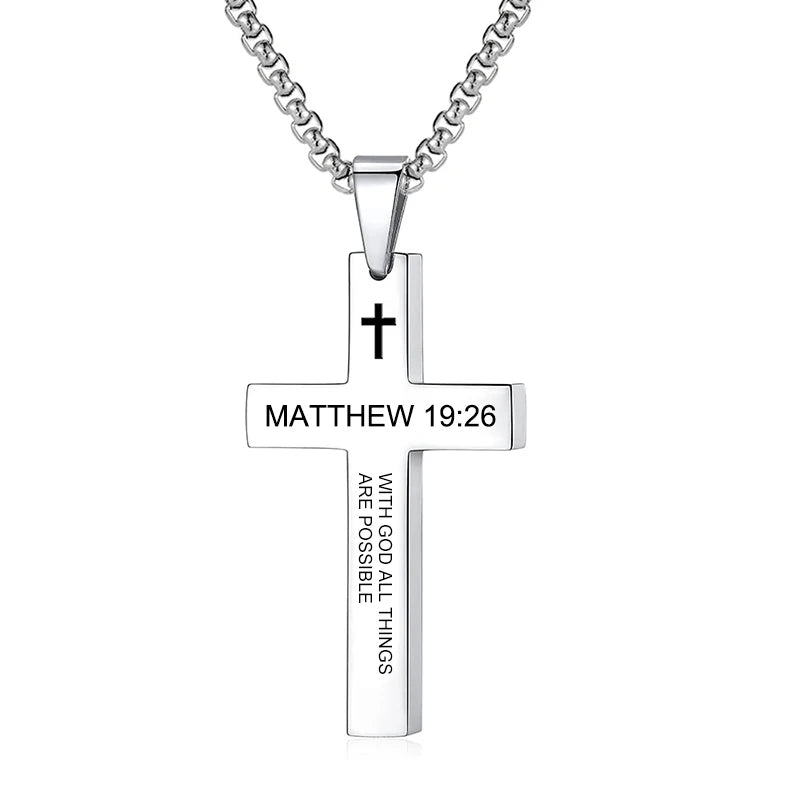 Bible Verse Cross Pendant Necklace — Stainless Steel Christian Scripture Jewelry (Unisex)