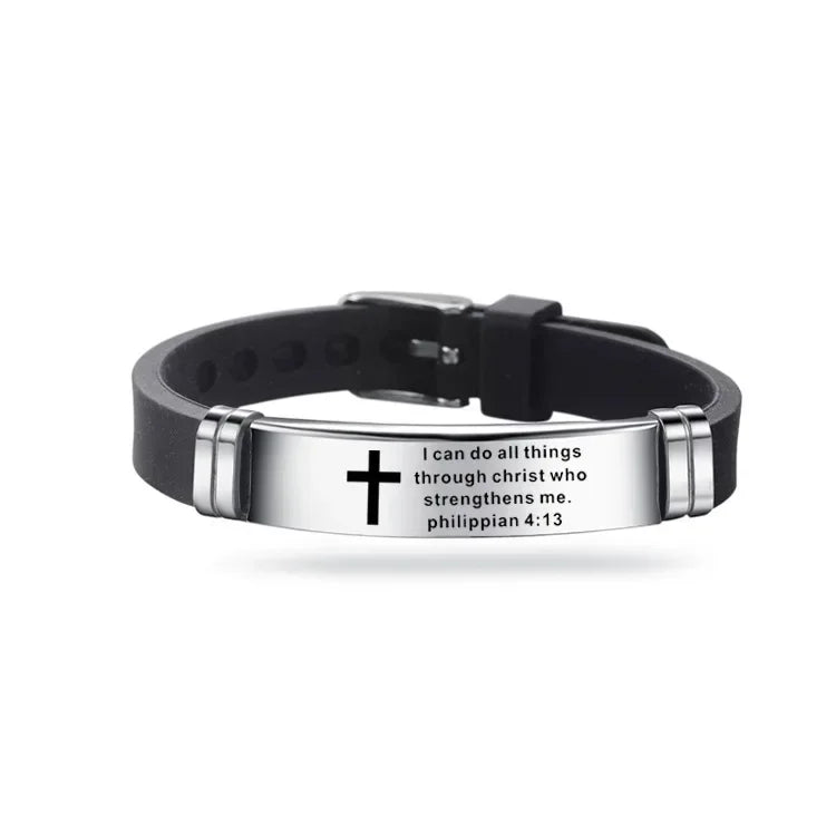 “Love Never Fails” Christian Silicone Bracelet — Adjustable Cross Scripture Wristband for Men