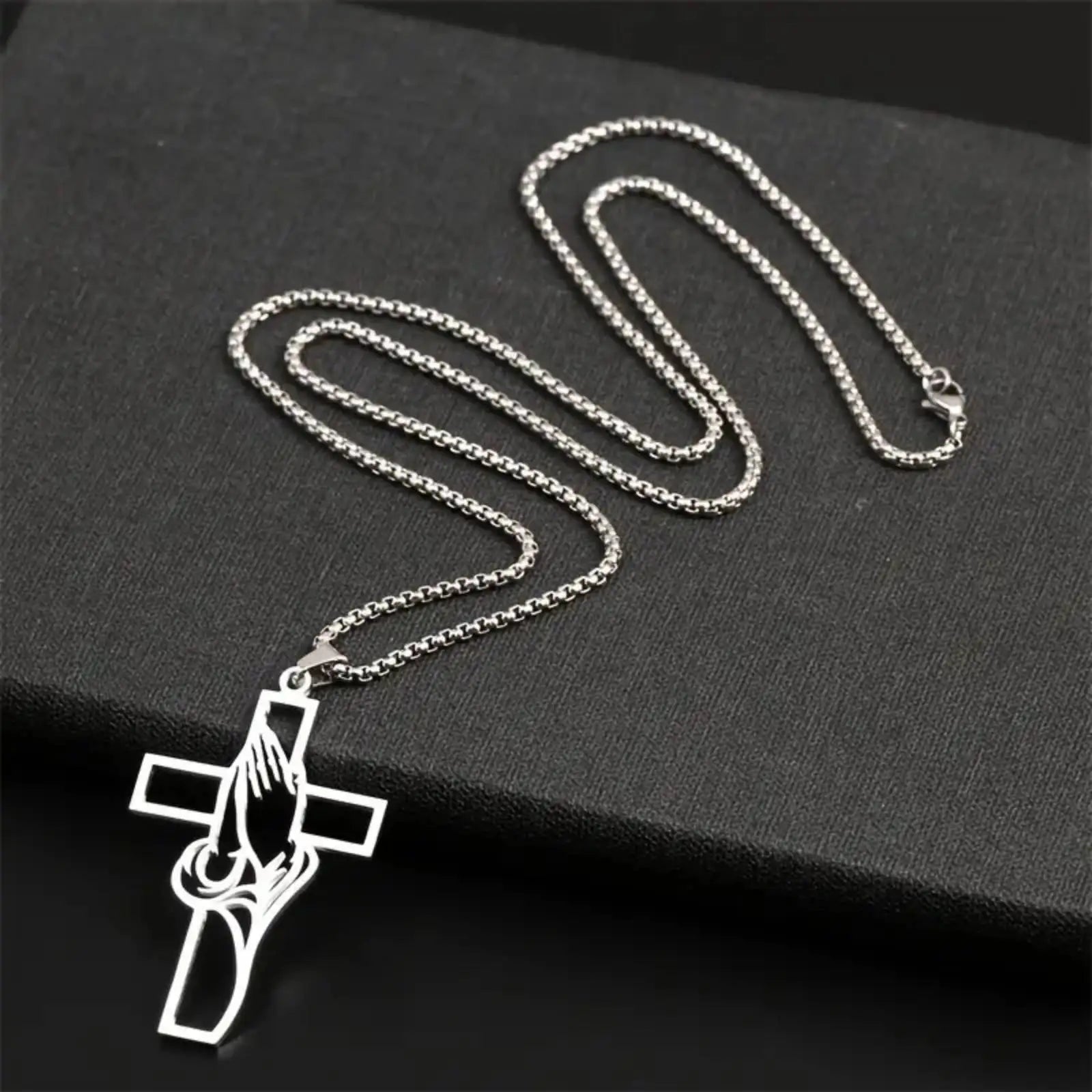 Prayer Hand Cross Pendant Necklace — Unisex Stainless Steel Christian Jewelry