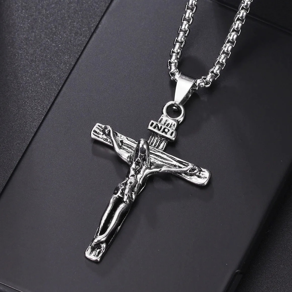 Blue Jesus Cross Necklace — Stainless Steel Christian Faith Pendant (Unisex)