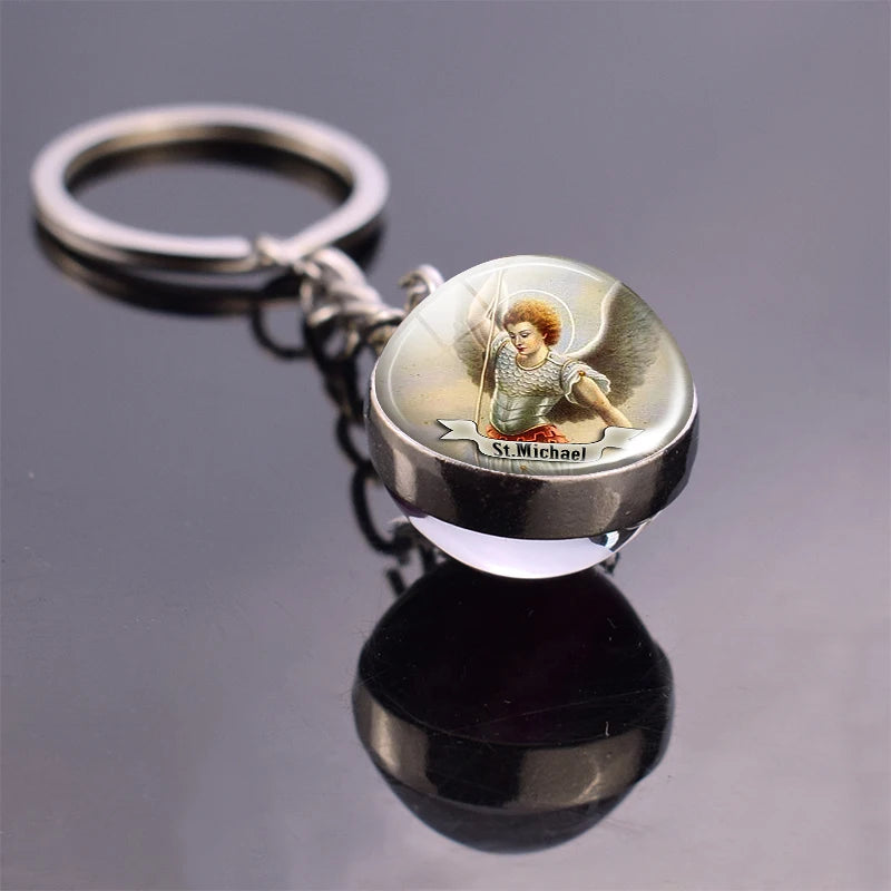 St. Francis Catholic Glass Ball Keychain — Double-Sided Christian Faith Keyring
