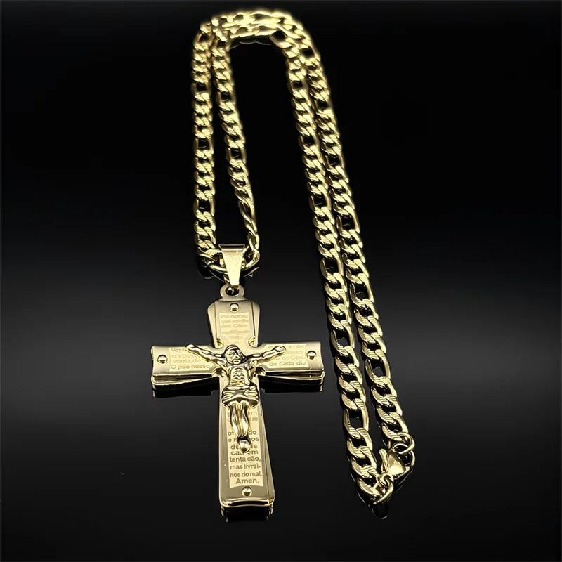 Gold Jesus Crucifix Necklace — Stainless Steel Christian Faith Pendant (Unisex)