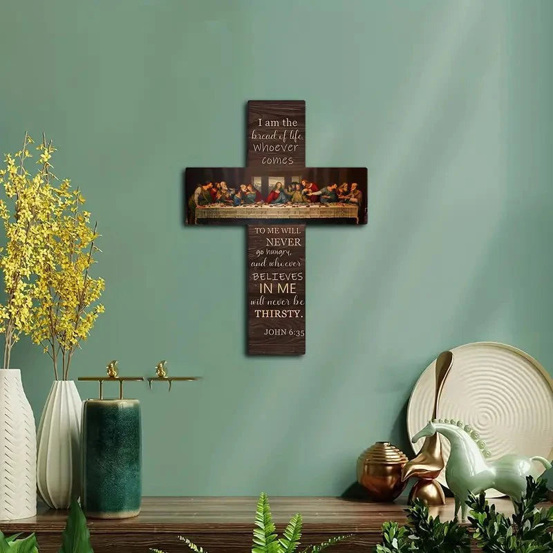 Bread of Life Last Supper Wooden Cross Wall Art — Christian Scripture Home Décor Plaque