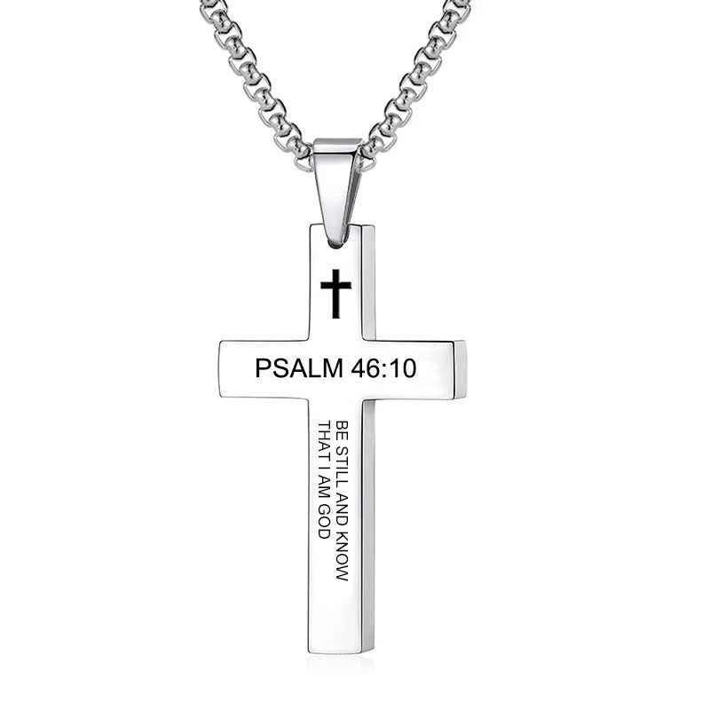 Bible Verse Cross Pendant Necklace — Stainless Steel Christian Scripture Jewelry (Unisex)